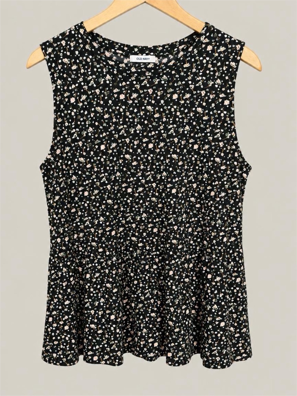 Nine Wesr Black Floral Cotton Peplum Tank with Cream and Blush Dots - XL